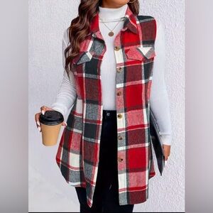 SHEIN Red/Blue Plaid Sleeveless V-neck button down vest, Sz XL (P2P 20”)